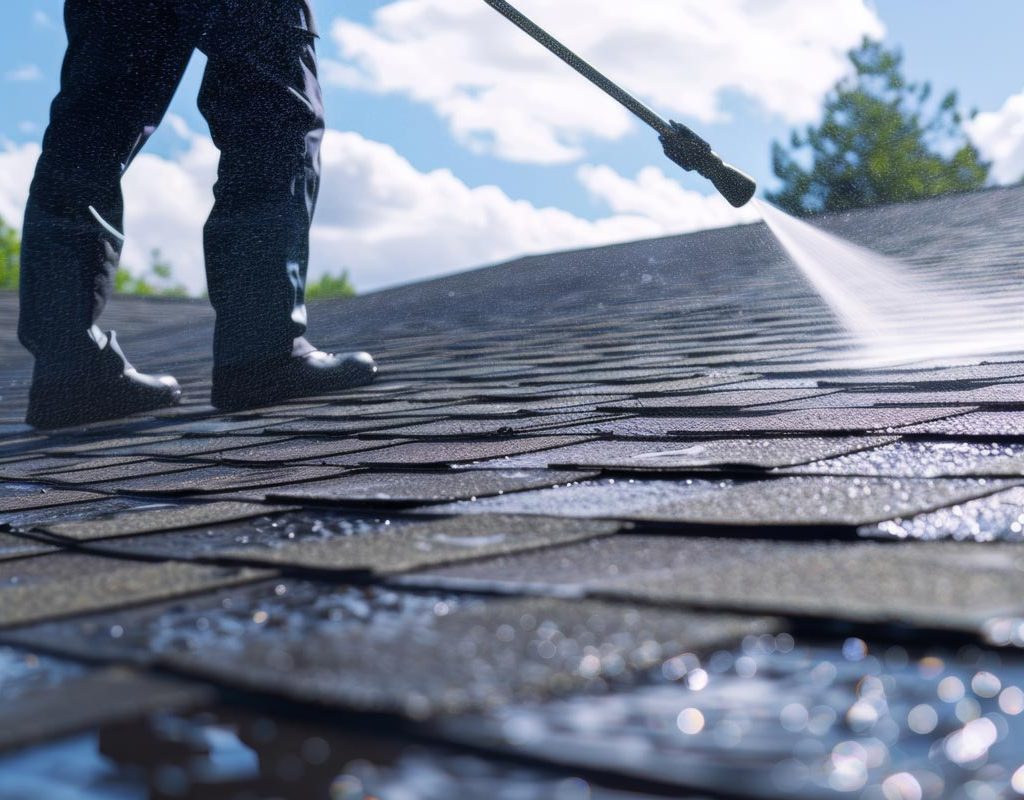 man cleaning a roof with a hose