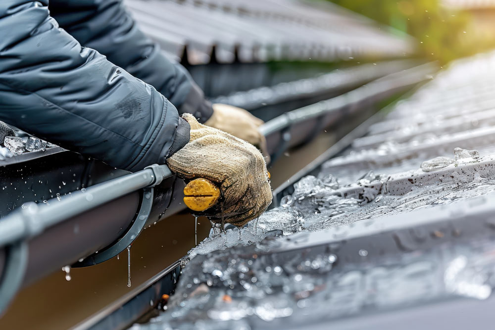 wet gutter being cleaned